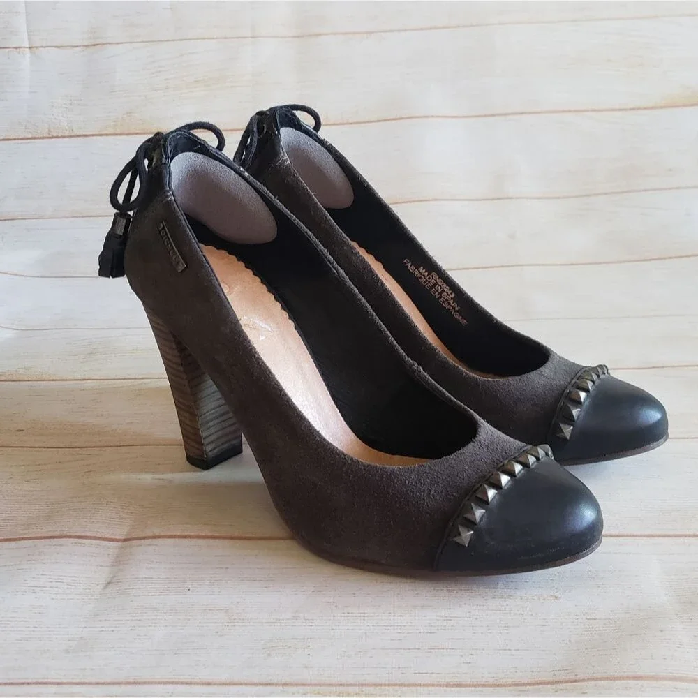 Diesel Leather Suede Round Toe Studded Tassel Heel Pumps Shoes Brown Size 39
